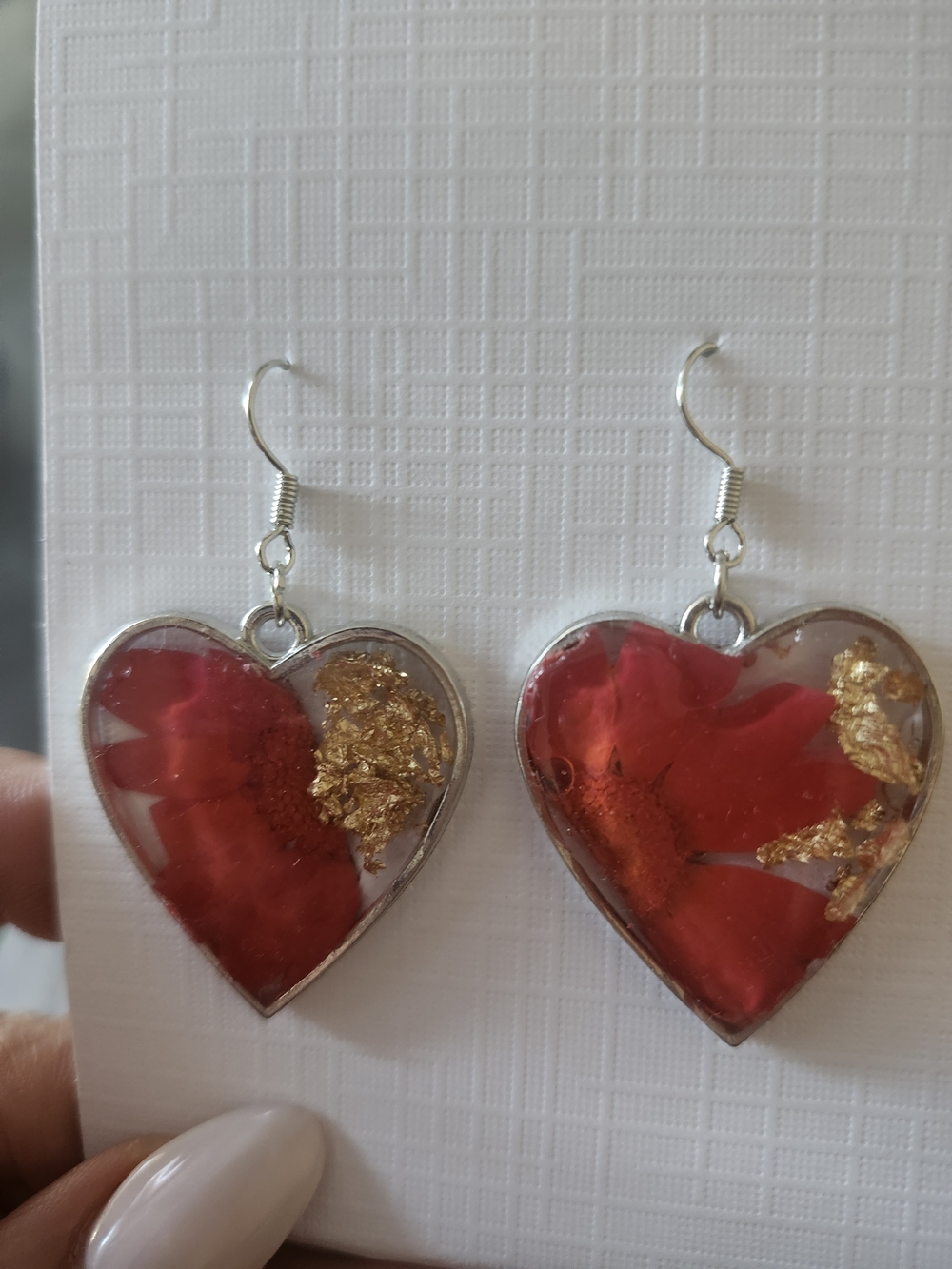 Red Heart Resin Drop Earrings with Gold Leaf Accents